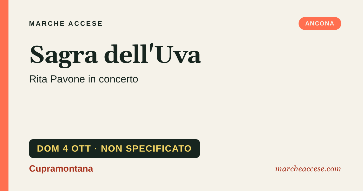 Sagra dell'Uva | Rita Pavone in concerto, domenica 4 ottobre 2026, Cupramontana