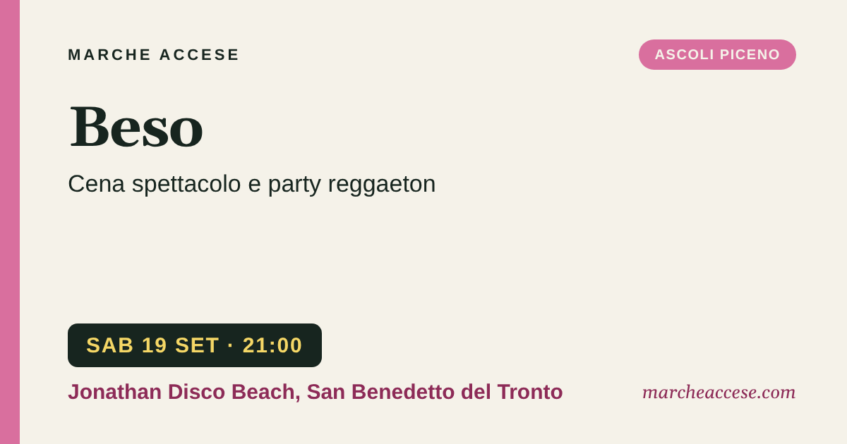 Beso | cena spettacolo e party reggaeton, sabato 19 settembre 2026, Jonathan Disco Beach, San Benedetto del Tronto