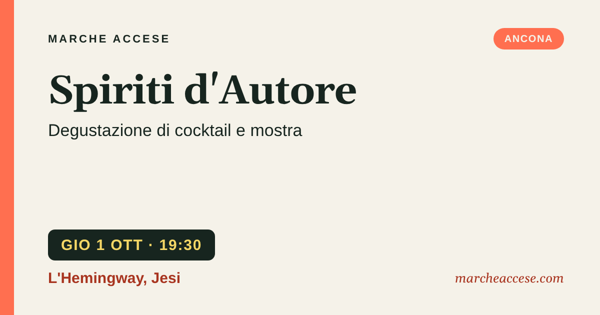 Spiriti d'Autore | degustazione di cocktail e mostra, giovedì 1 ottobre 2026, L'Hemingway, Jesi