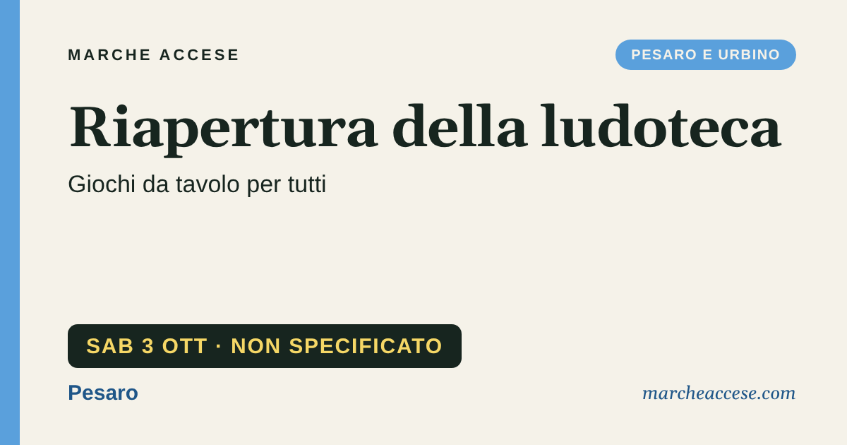 Riapertura della ludoteca | giochi da tavolo per tutti, sabato 3 ottobre 2026, Pesaro
