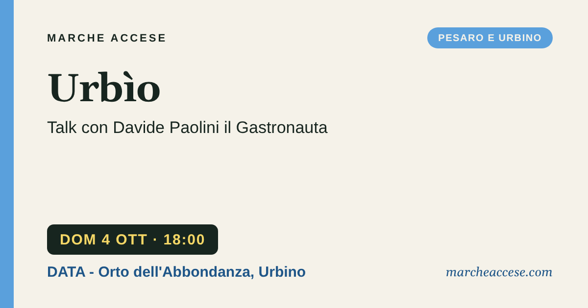 Urbìo | talk con Davide Paolini il Gastronauta, domenica 4 ottobre 2026, DATA - Orto dell'Abbondanza, Urbino