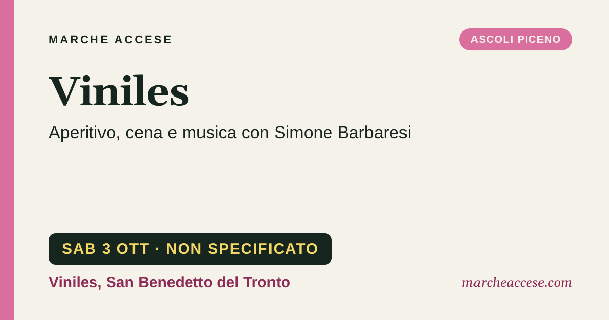 Viniles | aperitivo, cena e musica con Simone Barbaresi, sabato 3 ottobre 2026, Viniles, San Benedetto del Tronto