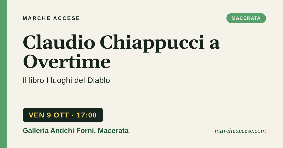 Claudio Chiappucci a Overtime | il libro I luoghi del Diablo, venerdì 9 ottobre 2026, Galleria Antichi Forni, Macerata