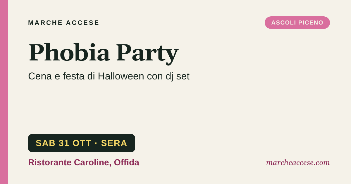 Phobia Party | cena e festa di Halloween con dj set, sabato 31 ottobre 2026, Ristorante Caroline, Offida