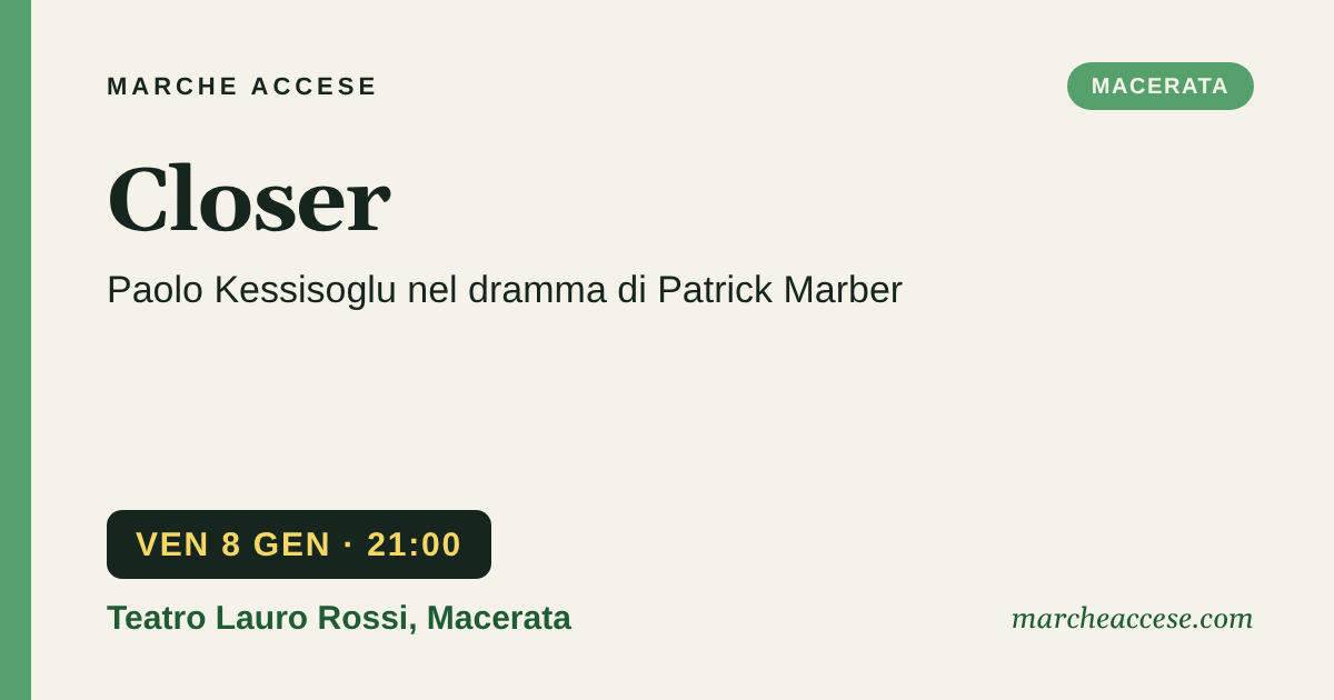 Closer | Paolo Kessisoglu nel dramma di Patrick Marber, venerdì 8 gennaio 2027, Teatro Lauro Rossi, Macerata