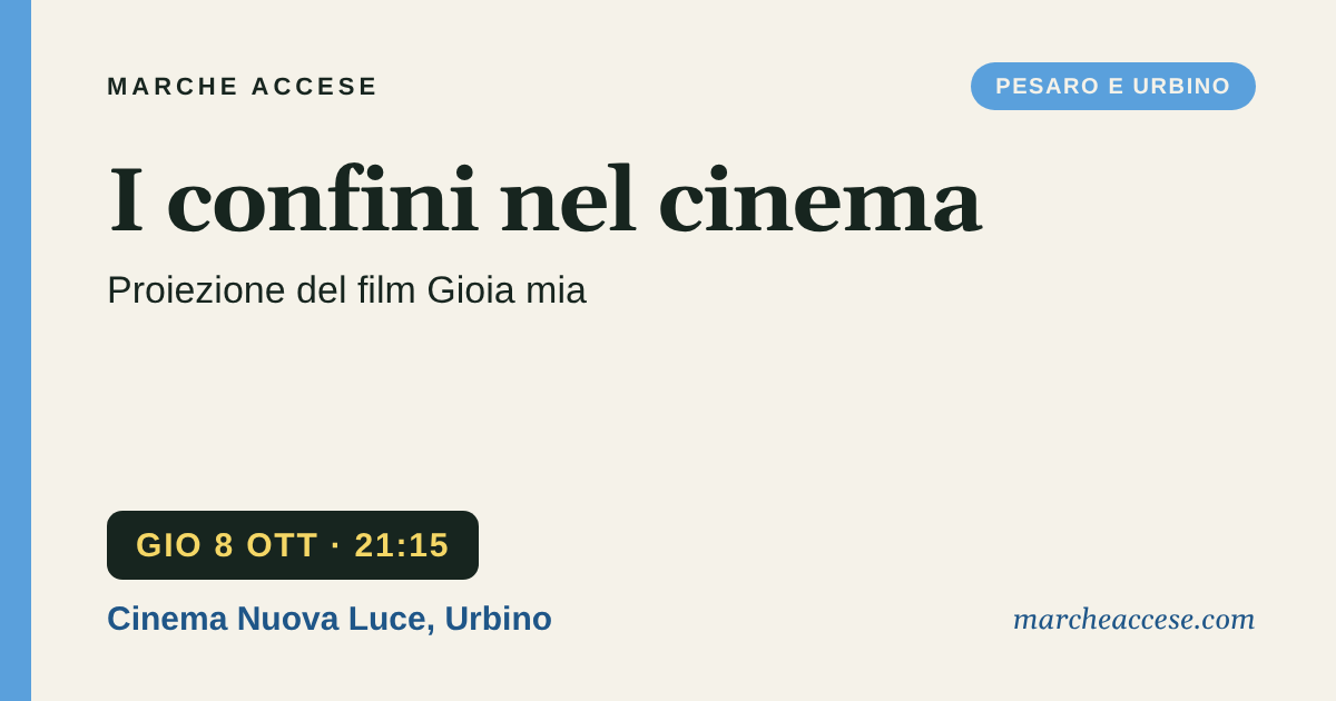 I confini nel cinema | proiezione del film Gioia mia, giovedì 8 ottobre 2026, Cinema Nuova Luce, Urbino