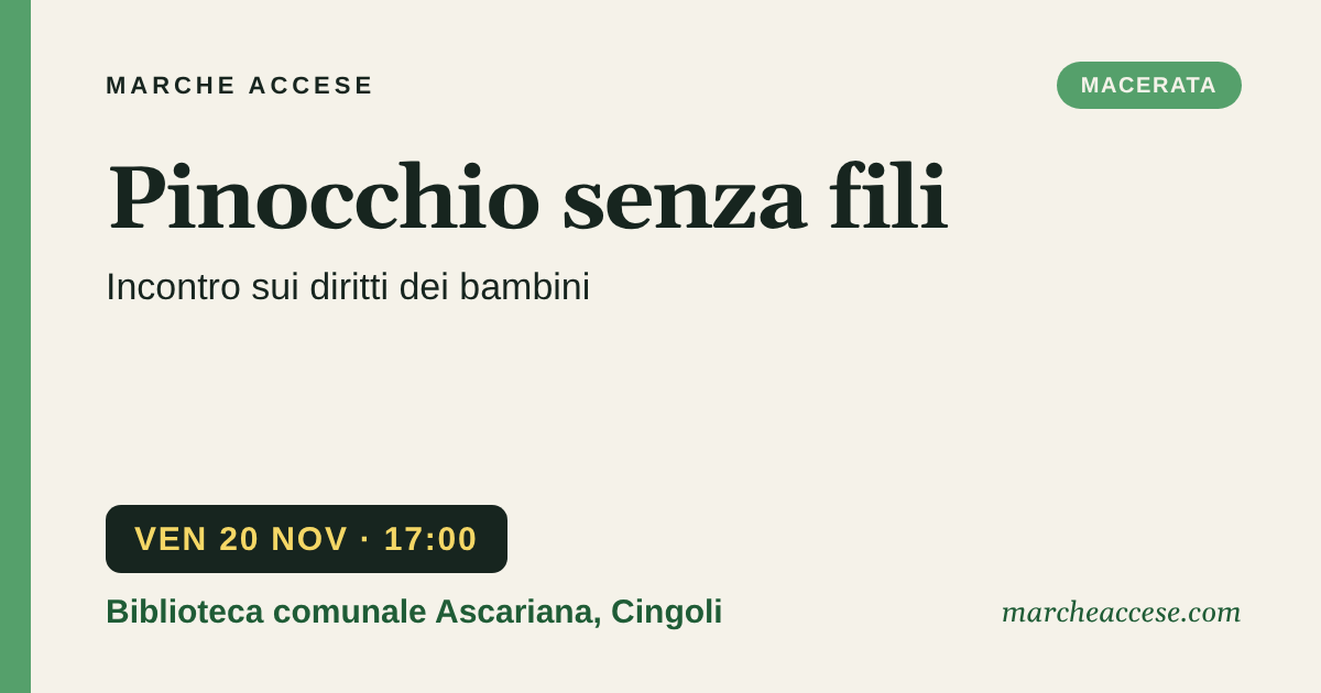 Pinocchio senza fili | incontro sui diritti dei bambini, venerdì 20 novembre 2026, Biblioteca comunale Ascariana, Cingoli