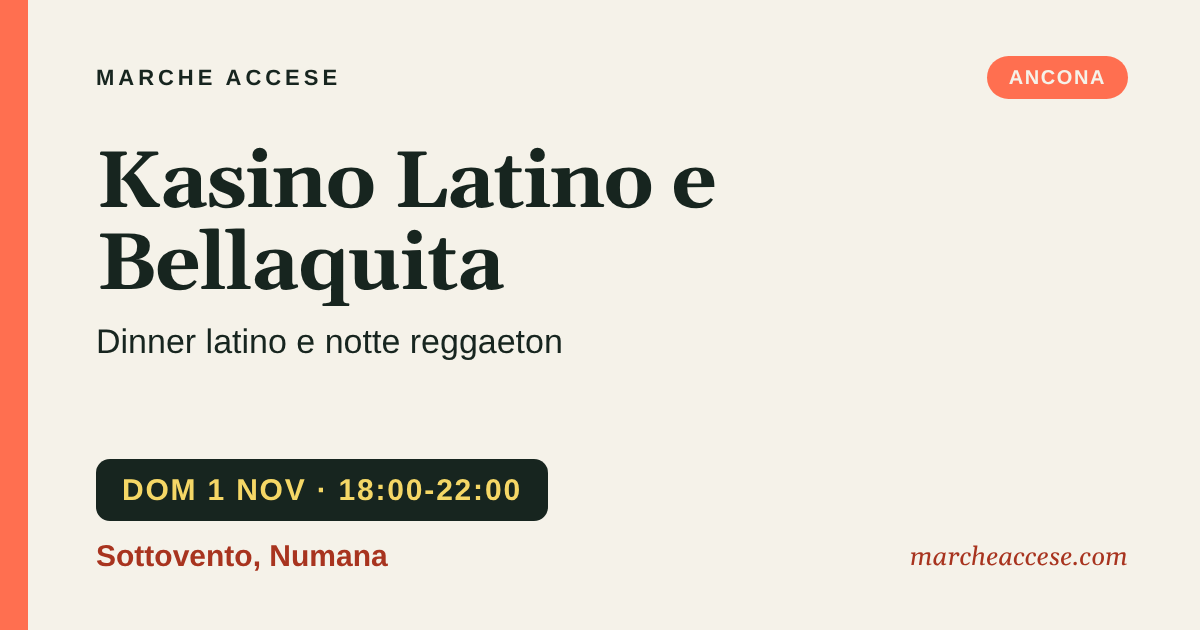 Kasino Latino e Bellaquita | dinner latino e notte reggaeton, domenica 1 novembre 2026, Sottovento, Numana