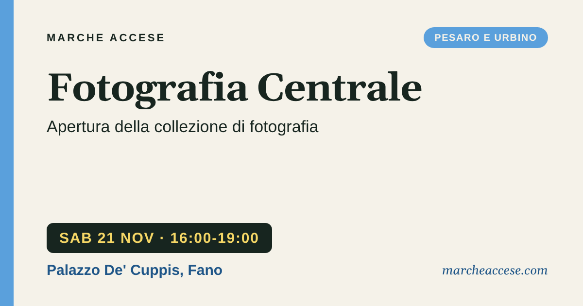 Fotografia Centrale | apertura della collezione di fotografia, sabato 21 novembre 2026, Palazzo De' Cuppis, Fano