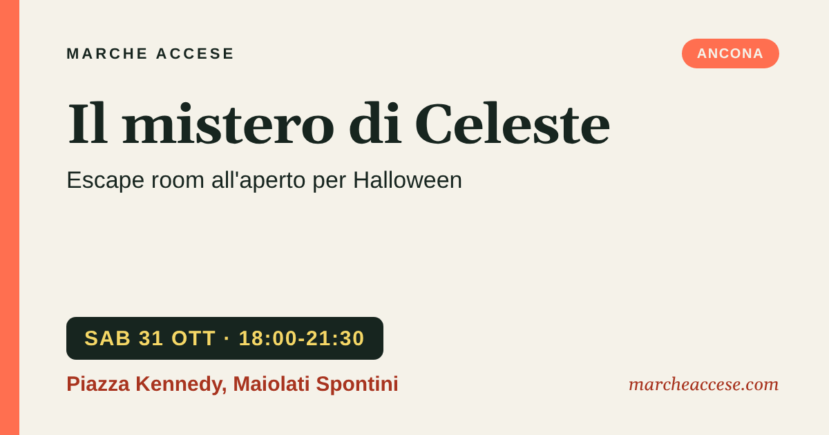 Il mistero di Celeste | escape room all'aperto per Halloween, sabato 31 ottobre 2026, Piazza Kennedy, Maiolati Spontini