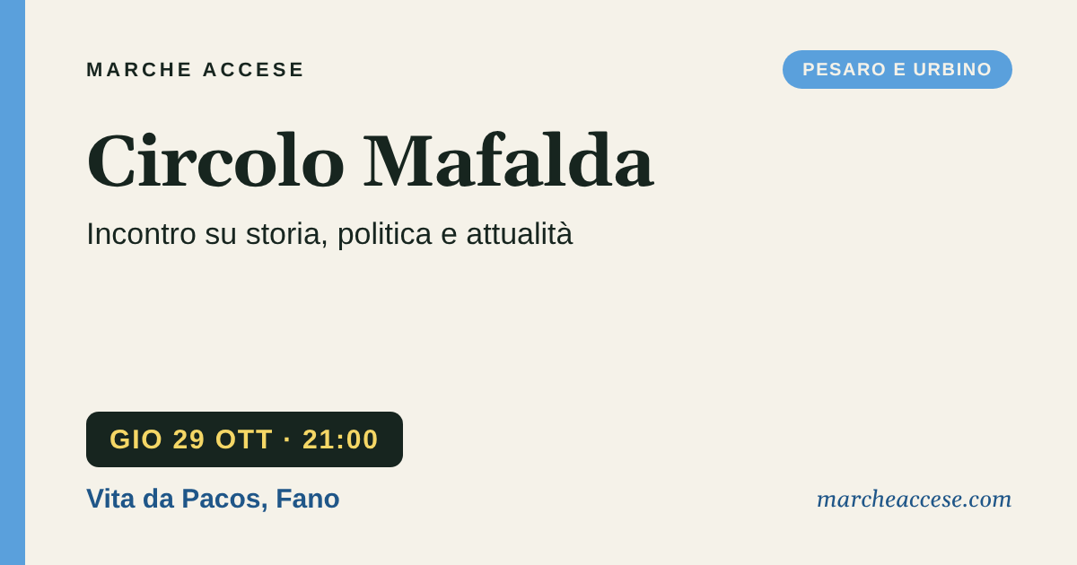 Circolo Mafalda | incontro su storia, politica e attualità, giovedì 29 ottobre 2026, Vita da Pacos, Fano