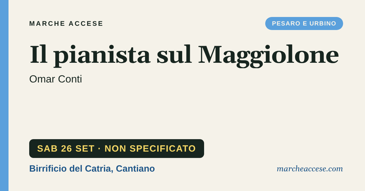 Il pianista sul Maggiolone | Omar Conti, sabato 26 settembre 2026, Birrificio del Catria, Cantiano
